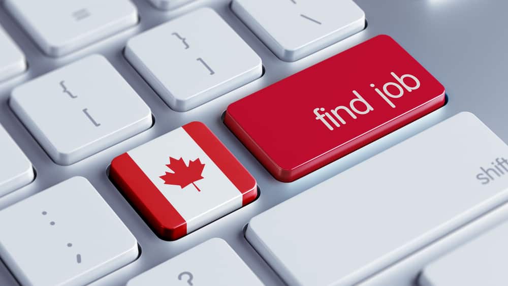 Job seekers exploring Canadian job opportunities on a computer, with a map of Canada in the background